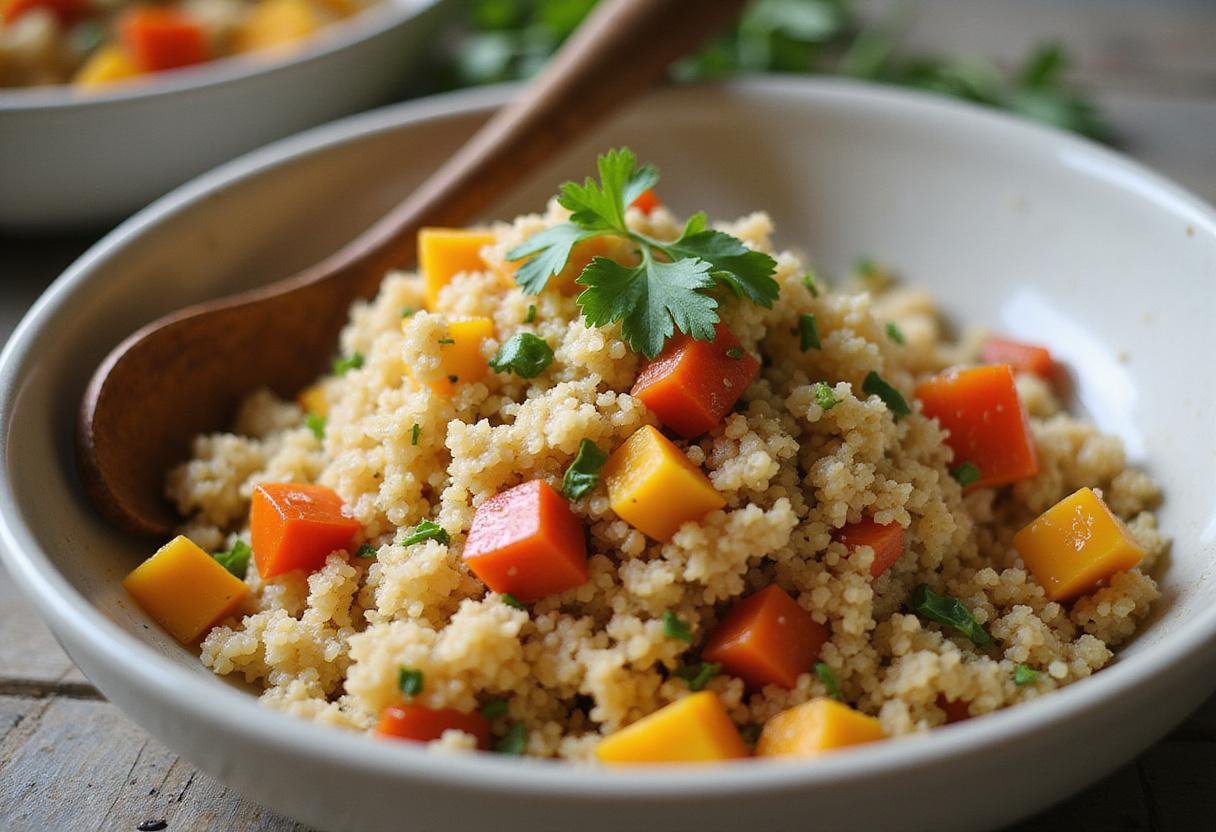 Vibrant quinoa salad mixed with bell peppers, a perfect complement to chicken piccata, providing a healthy side option.