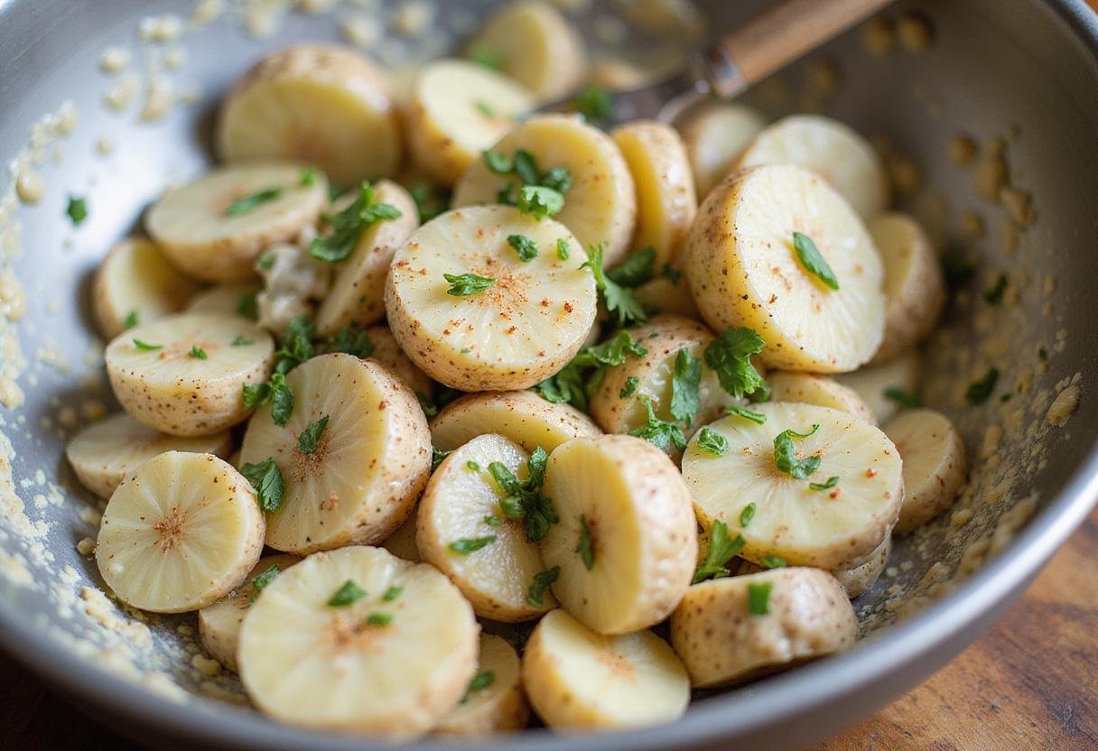 Creamy potato salad made as a comforting side dish for chicken piccata, balancing the flavors of the main course.