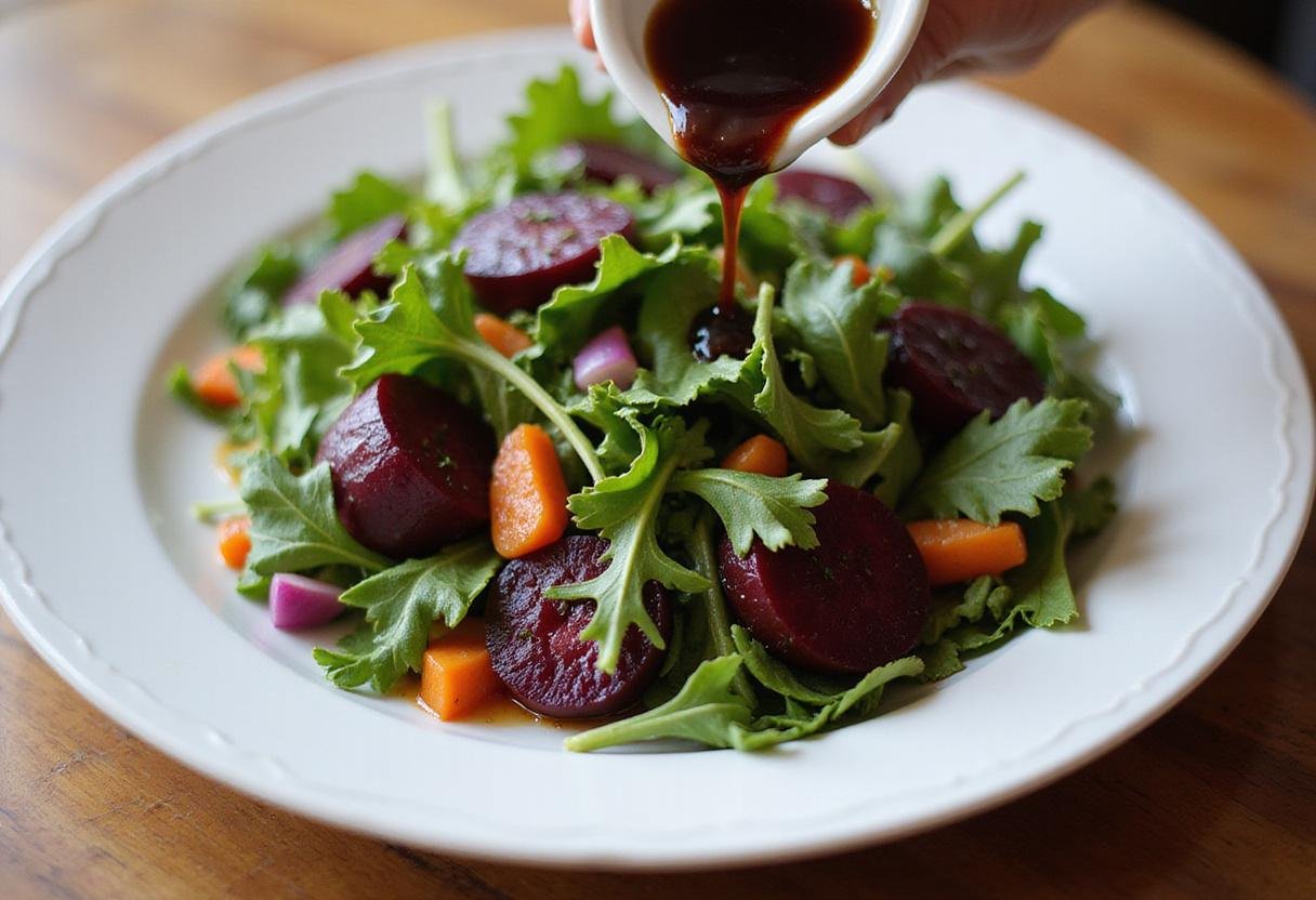 Fresh beet and arugula salad displayed beautifully, offering a nutritious and flavorful side to chicken piccata.