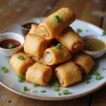 Served crispy frozen egg rolls in air fryer with dipping sauces, delightful presentation of egg rolls ready for enjoyment.