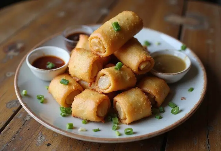Served crispy frozen egg rolls in air fryer with dipping sauces, delightful presentation of egg rolls ready for enjoyment.