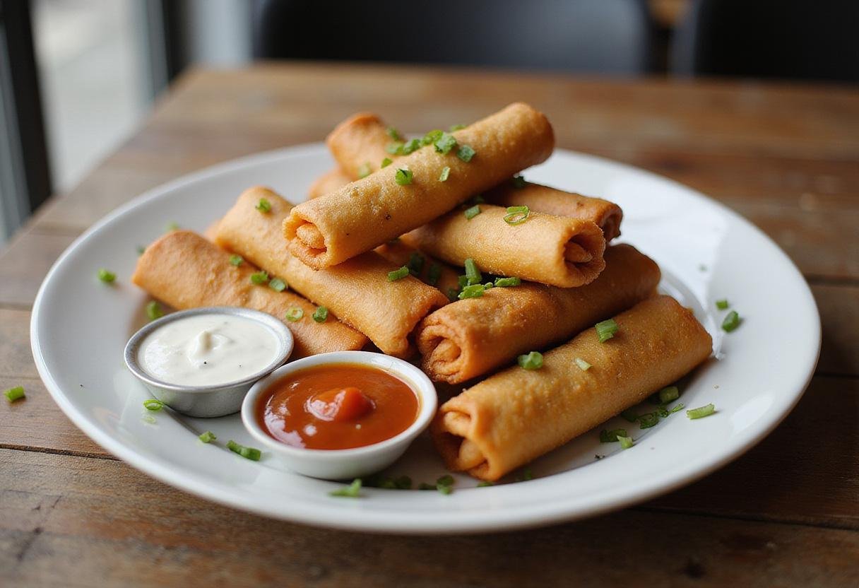 Served crispy frozen egg rolls in air fryer with dipping sauces, delightful presentation of egg rolls ready for enjoyment.
