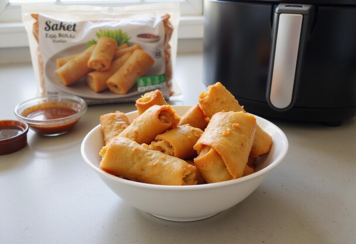 Frozen egg rolls being prepared for cooking in air fryer, preparing frozen egg rolls for an easy and delicious meal.