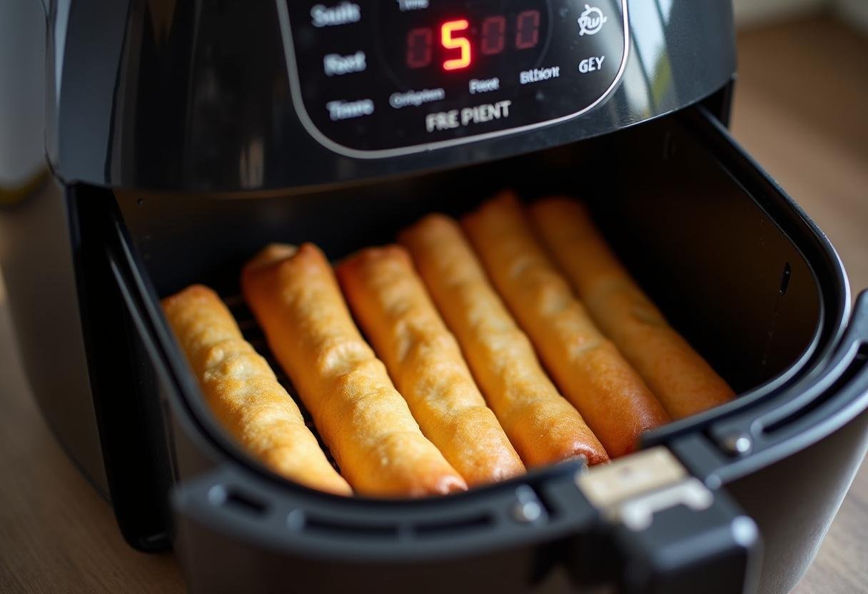 Frozen egg rolls placed inside air fryer basket, perfect arrangement to cook frozen egg rolls evenly in air fryer.