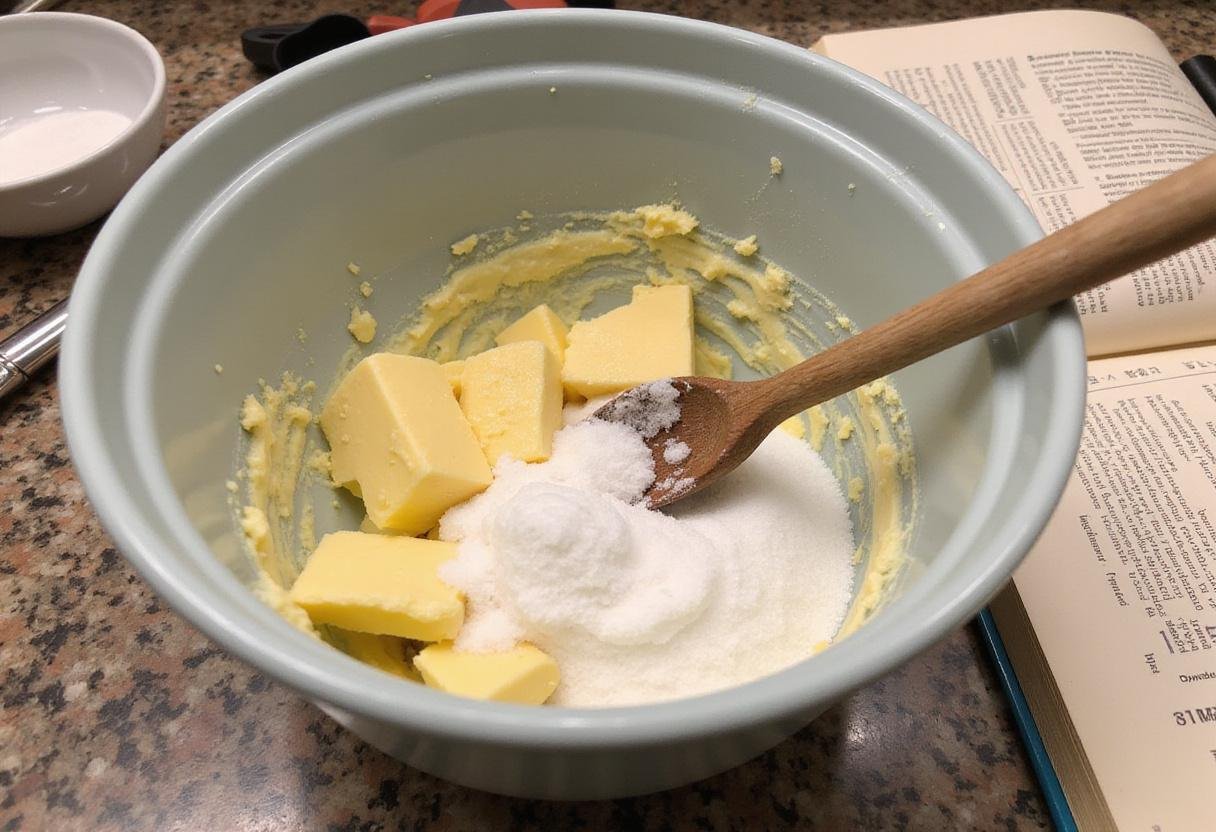 Creaming butter and sugar for Betty Crocker chocolate chip cookie recipe, baking preparation scene.