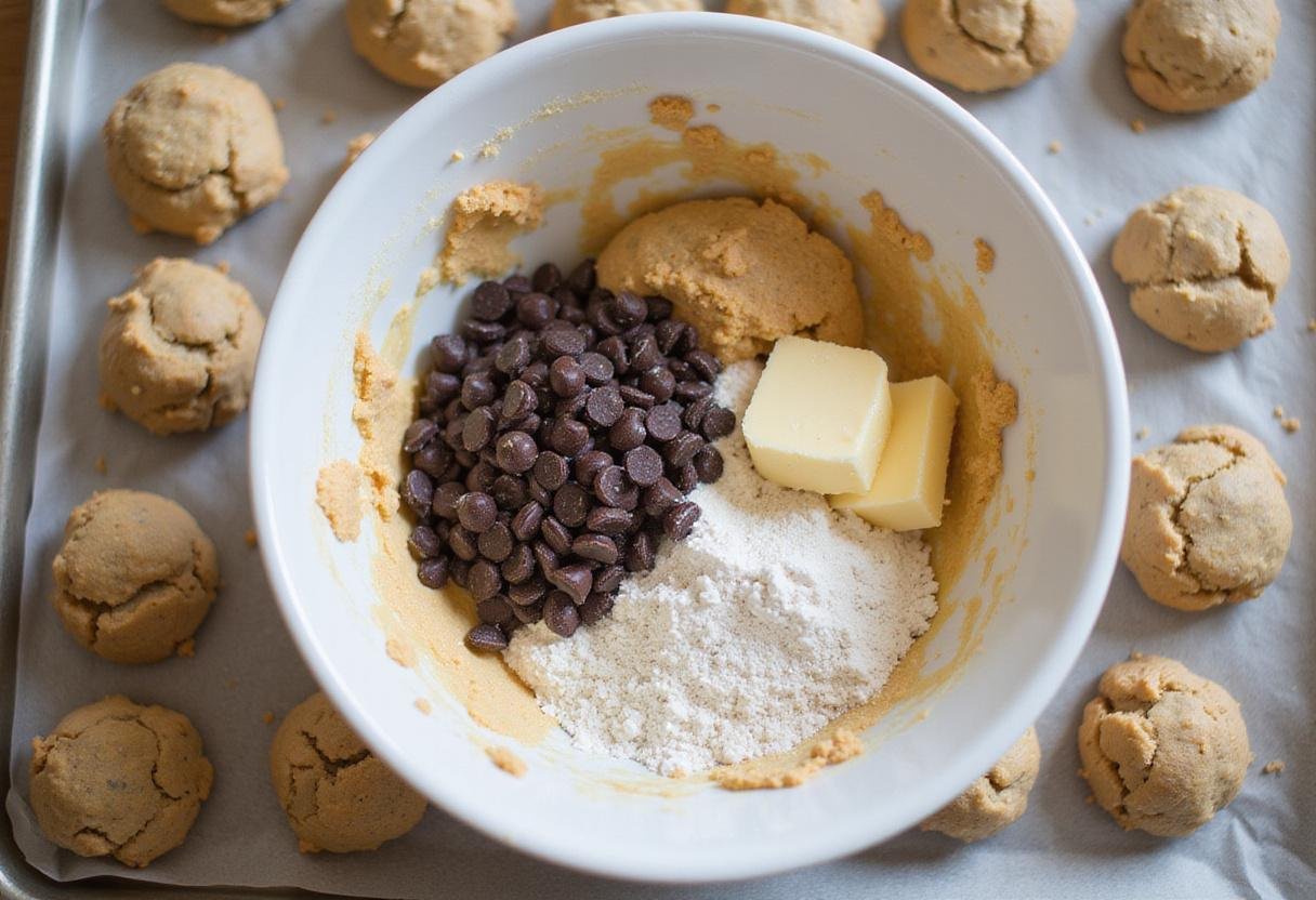 Combining ingredients for Betty Crocker chocolate chip cookies, stirring dough preparation for baking.