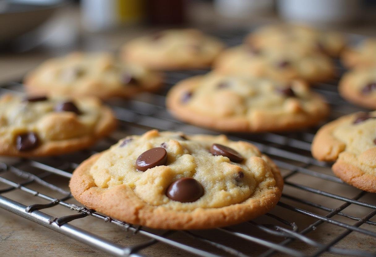 Brown Butter Oatmeal Chocolate Chip Cookies - Showcasing golden brown cookies with melty chocolate chips on a cooling rack.