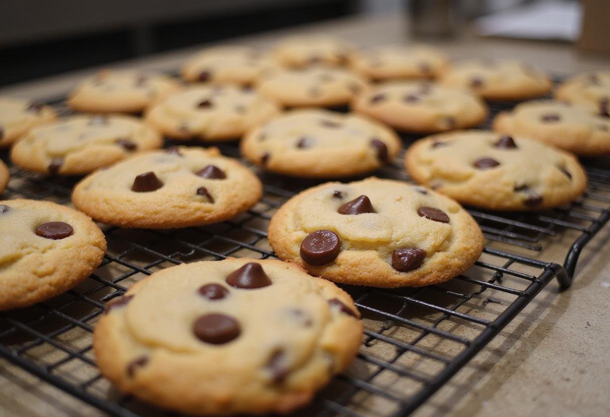 Brown Butter Oatmeal Chocolate Chip Cookies - Showcasing golden brown cookies with melty chocolate chips on a cooling rack.