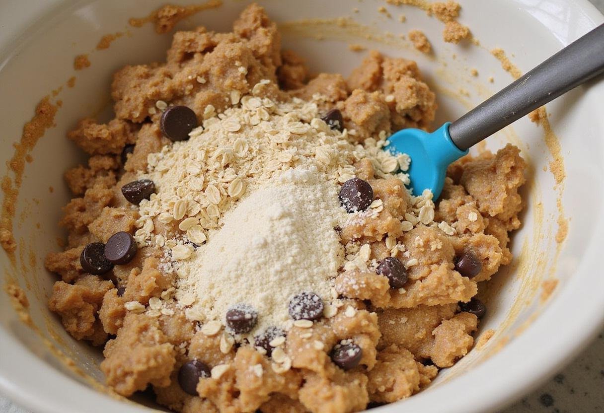 Brown Butter Oatmeal Chocolate Chip Cookies - Combining oats, flour, baking soda, and chocolate chips into a smooth cookie dough.