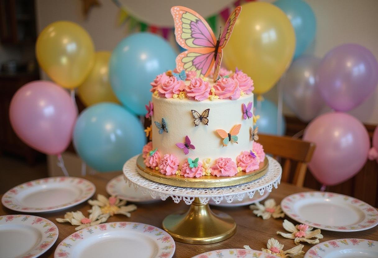 A stunning butterfly birthday cake presented on a cake stand, surrounded by festive decorations, ideal for birthdays.