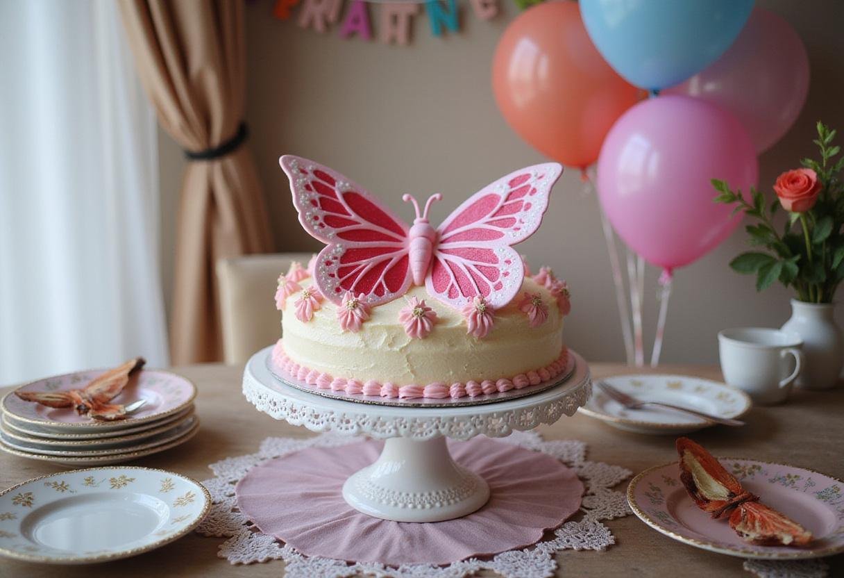 A stunning butterfly birthday cake presented on a cake stand, surrounded by festive decorations, ideal for birthdays.