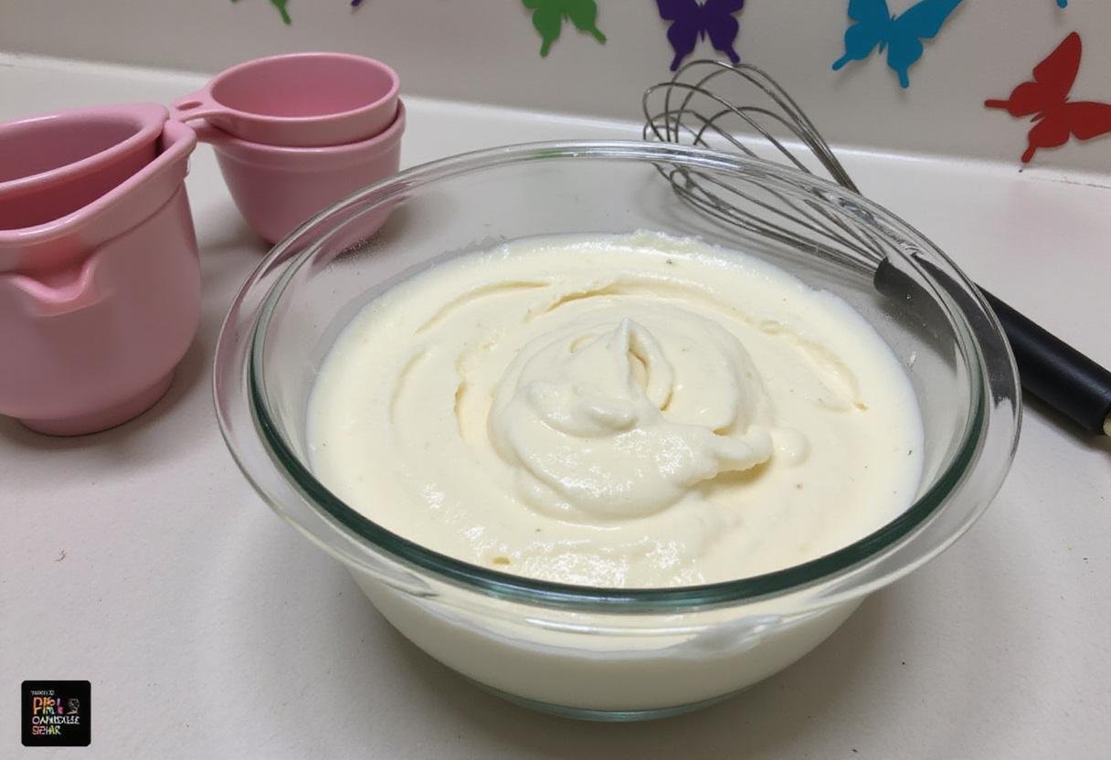 Fluffy cake batter prepared for a butterfly birthday cake with measuring cups and whisk in a bright kitchen setting.