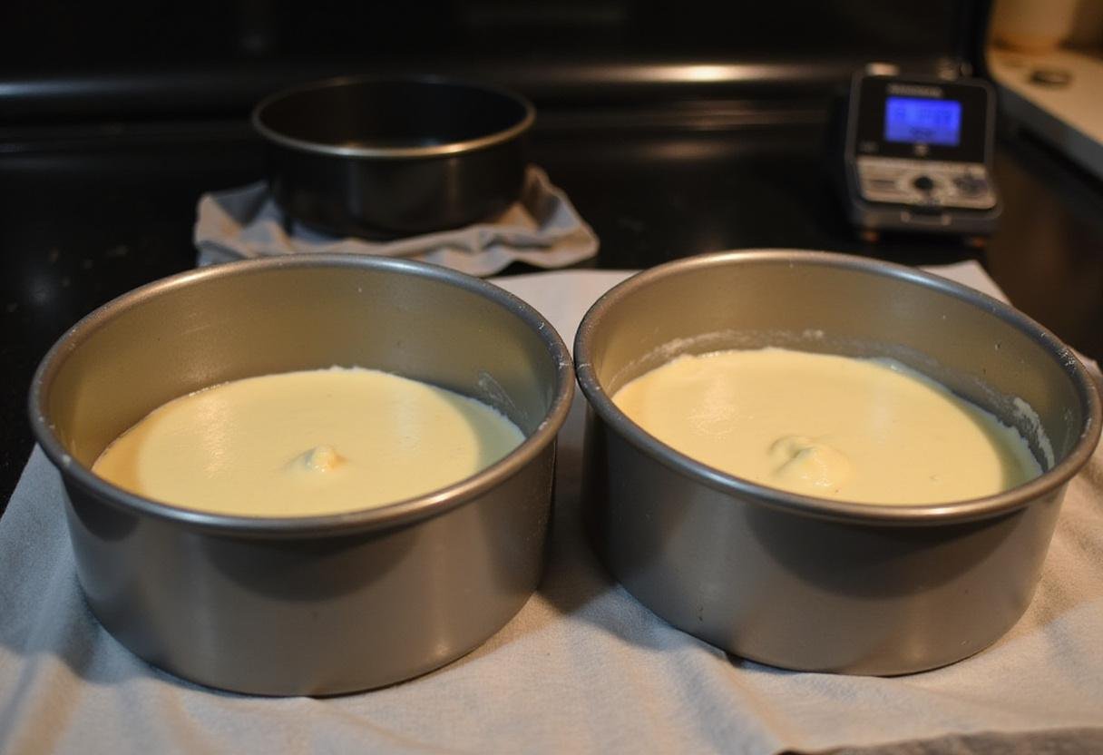 Cake pans filled with batter for a butterfly birthday cake before baking, showcasing a warm kitchen atmosphere.