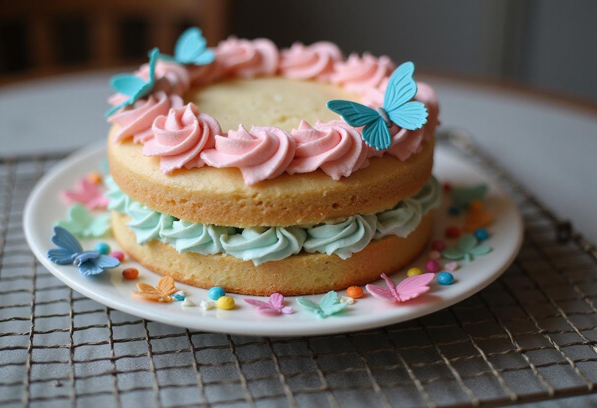 A colorful butterfly birthday cake cooling with vibrant decorations and frosting, perfect for a celebratory occasion.