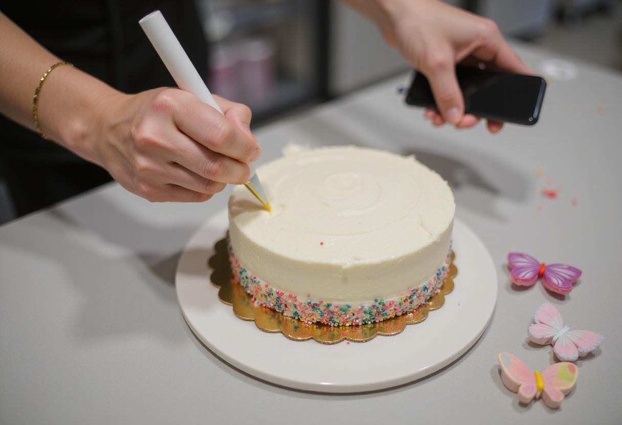 Decorating a butterfly birthday cake with icing and sprinkles for a perfect birthday celebration backdrop.