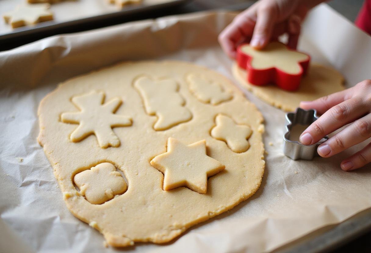 Making lemon shortbread cookies: cutting dough into shapes ready for baking.