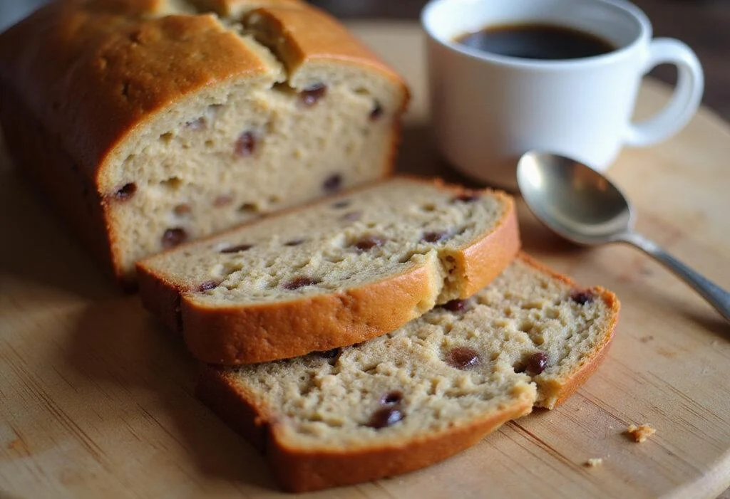 Delicious slices of cake mix banana bread displayed on a wooden board, perfect for serving and enjoying, emphasizing the banana bread recipe.