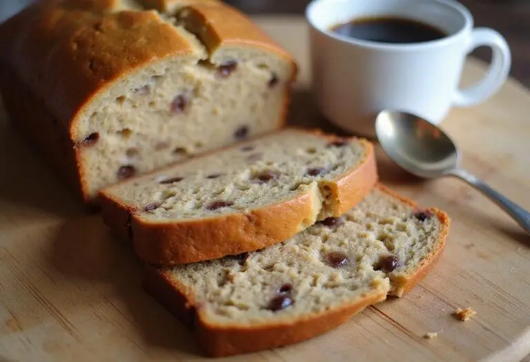 Delicious slices of cake mix banana bread displayed on a wooden board, perfect for serving and enjoying, emphasizing the banana bread recipe.