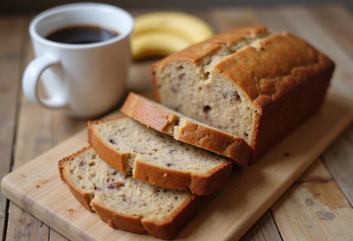 Delicious slices of cake mix banana bread displayed on a wooden board, perfect for serving and enjoying, emphasizing the banana bread recipe.
