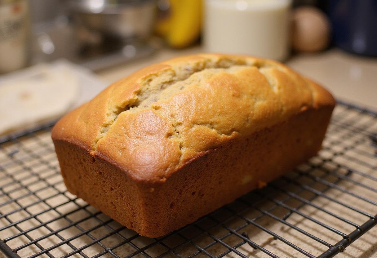 Freshly baked banana bread made with cake mix cooling on a rack, illustrating the final steps of the banana bread recipe.