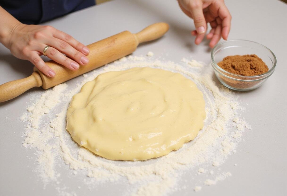 Rolling out cake mix cinnamon rolls dough on a floured countertop, showcasing the process of creating cake mix desserts in an inviting kitchen scene.