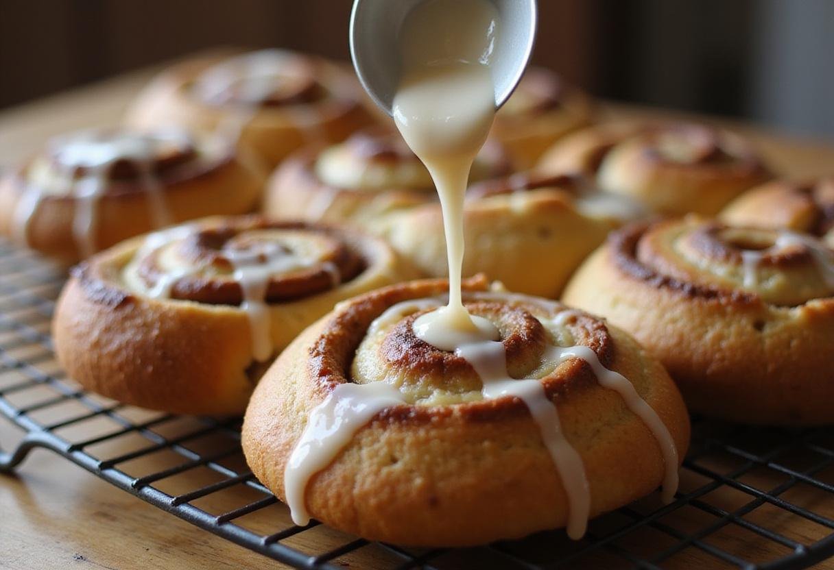 Glazing warm cake mix cinnamon rolls straight from the oven, capturing the tempting presentation of these cake mix desserts in a homely atmosphere.
