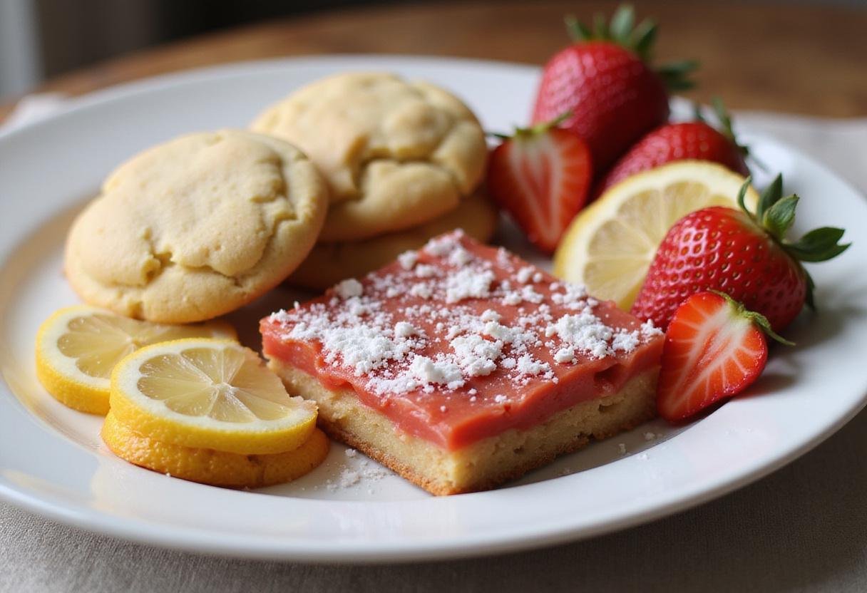 decorative presentation of lemon cake mix cookies and strawberry cake mix cookie bars, perfect for dessert lovers