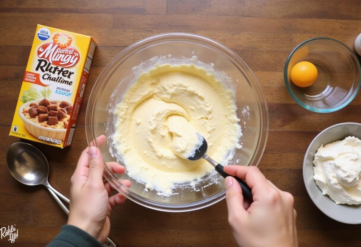 preparing the dough for cake mix cookies and bars by mixing Cool Whip with lemon cake mix, perfect for soft and chewy cookies