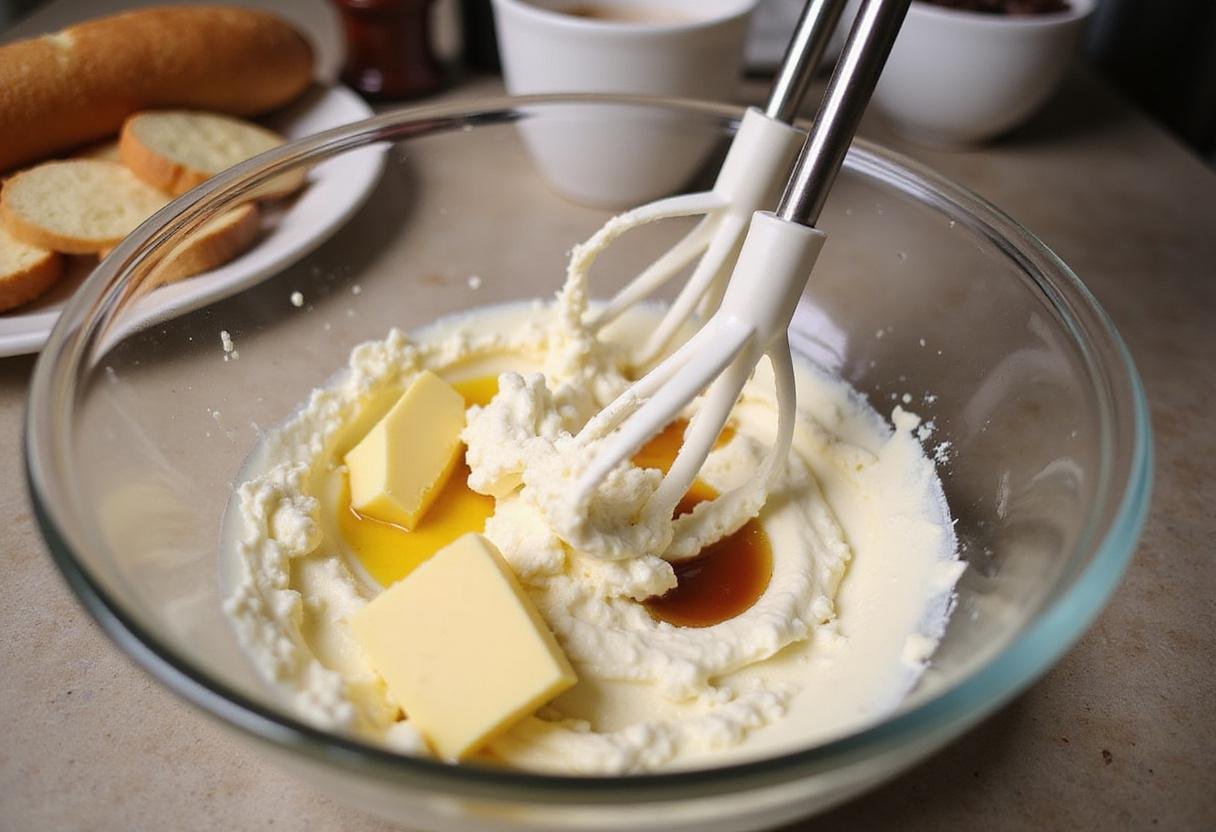 Preparing cheesecake cookie dough - whipping cream cheese and butter to create the perfect cheesecake cookie recipe.