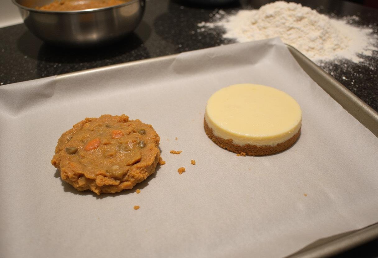 Assembling carrot cake and cheesecake cookie dough - preparing to bake delicious cheesecakes cookies recipe.