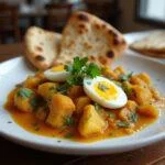 Finished Cauliflower, Egg, and Potato Curry served elegantly, highlighting its vibrant colors and aromatic garnishes.