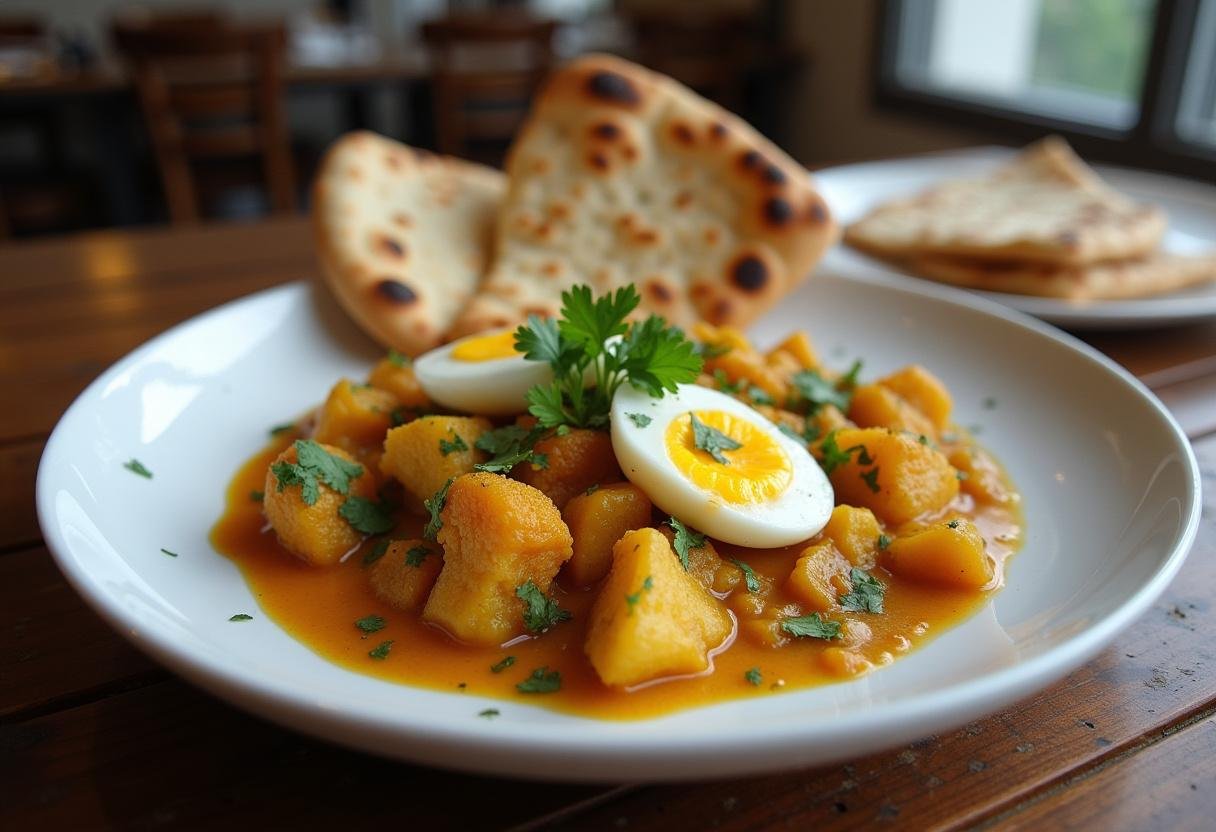 Finished Cauliflower, Egg, and Potato Curry served elegantly, highlighting its vibrant colors and aromatic garnishes.