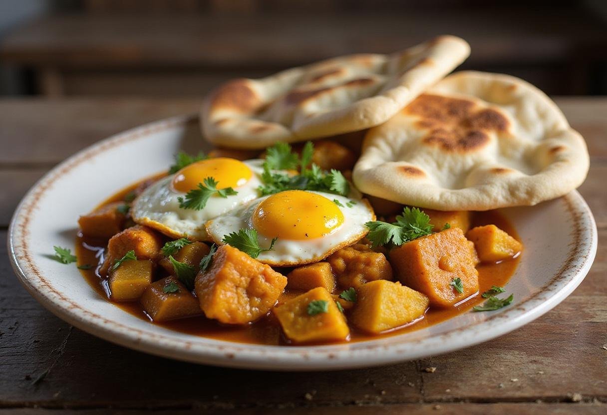 Finished Cauliflower, Egg, and Potato Curry served elegantly, highlighting its vibrant colors and aromatic garnishes.