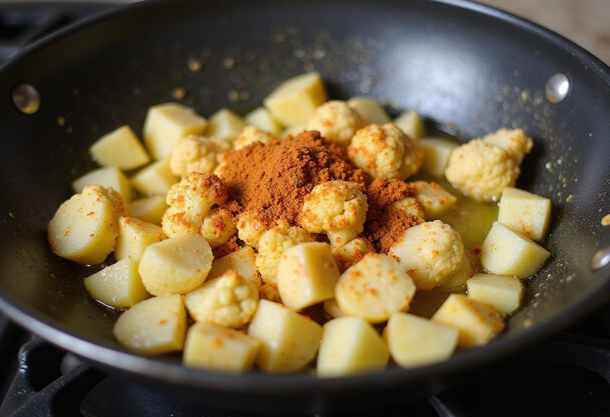 Cauliflower, Egg, and Potato Curry preparation with sautéed potatoes and cauliflower, showcasing fresh spices.