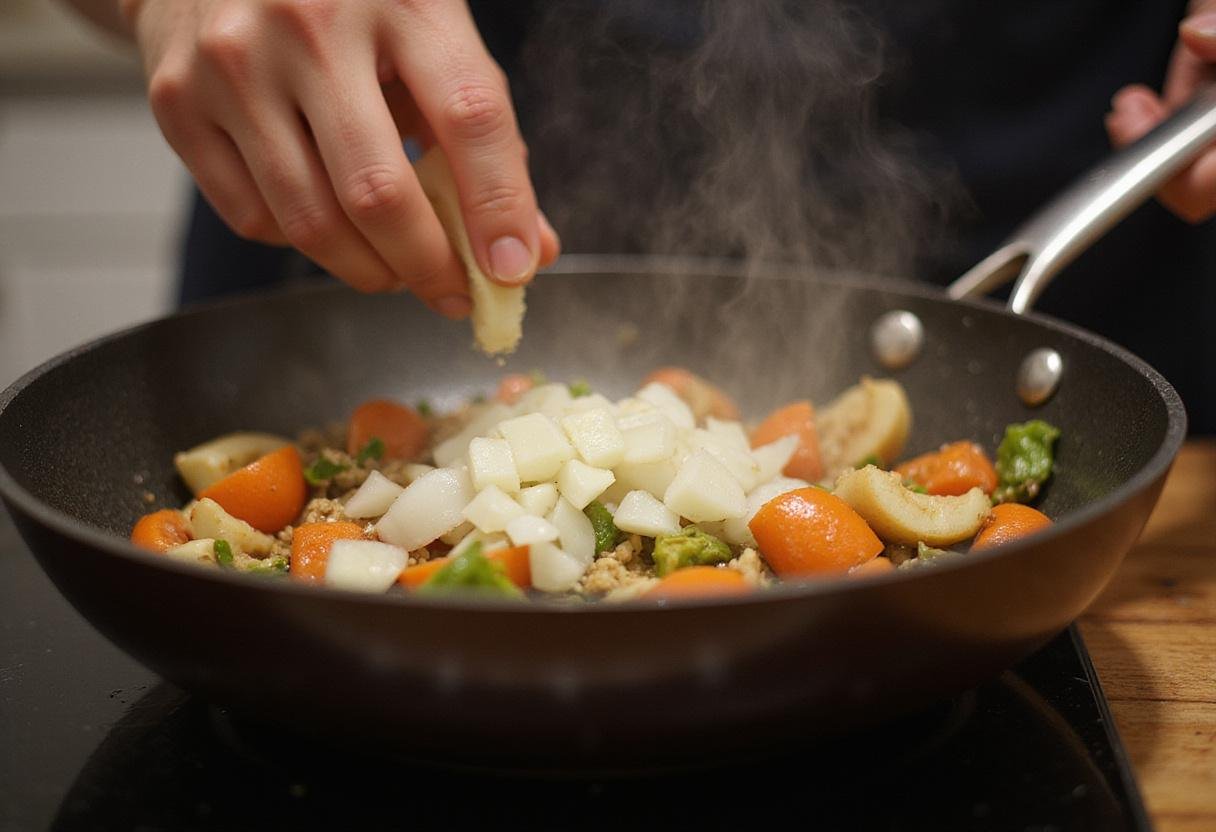 Making Cauliflower, Egg, and Potato Curry by adding garlic and onions to enhance the richness of the dish.