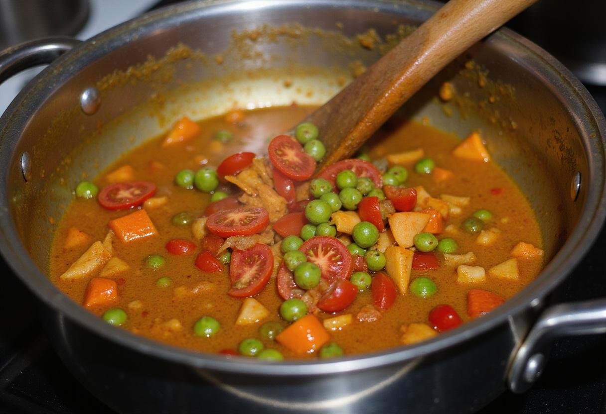 Delicious Cauliflower, Egg, and Potato Curry preparation featuring colorful tomatoes and peas infused with spices.