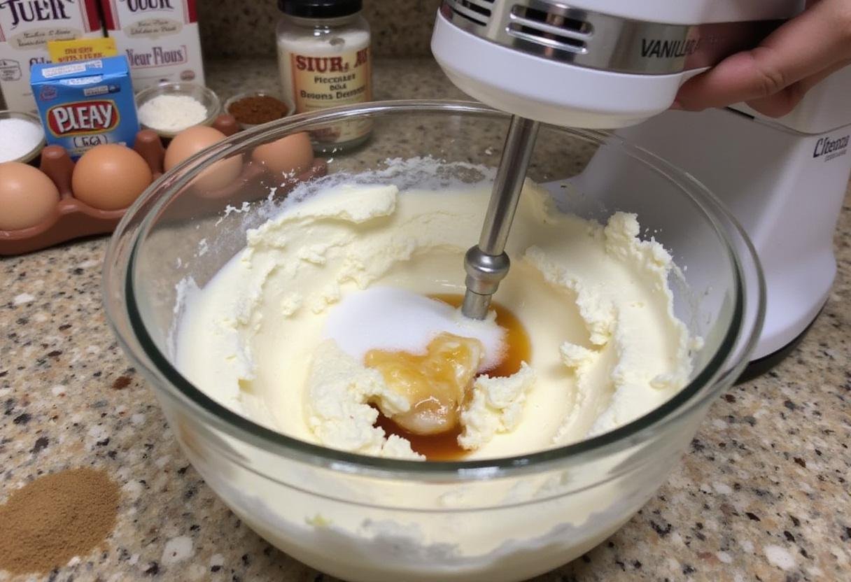 Delicious pumpkin cheesecake cookies mixing cream cheese and sugar for a rich cheesecake base.