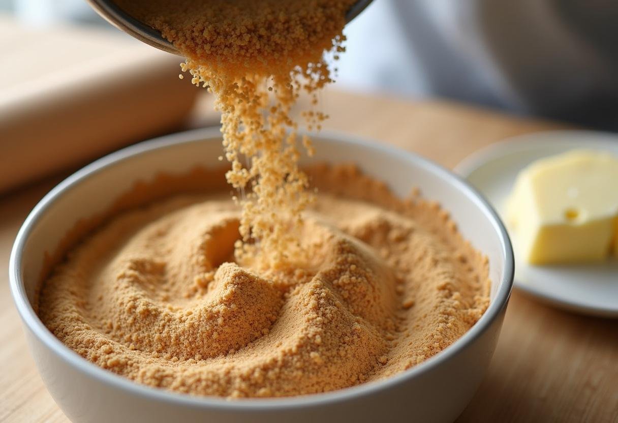 Creating a festive raspberry cheesecake cookies crust with graham cracker crumbs and melted butter.