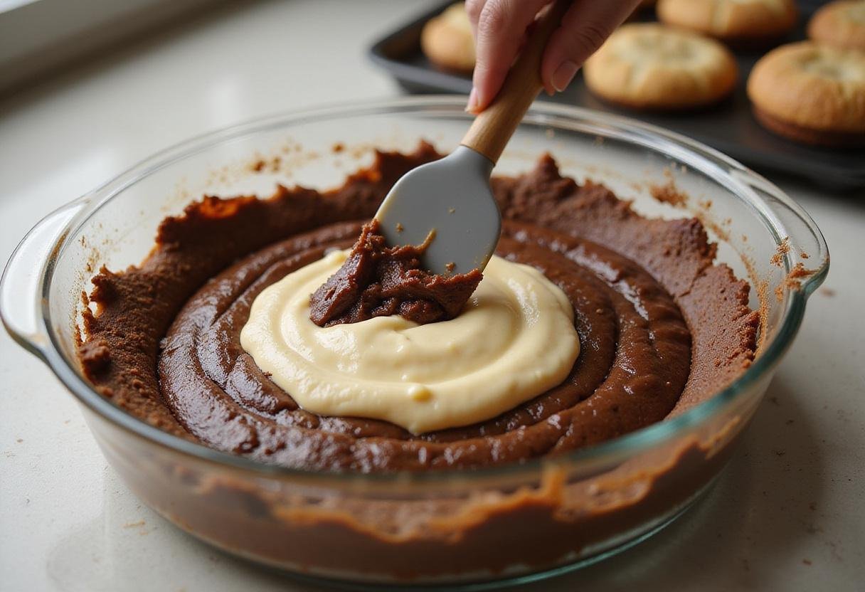 Baking delicious churro cheesecake cookies with brownie batter swirled into a decadent cheesecake mix.