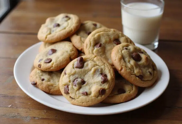 deliciously baked chick fil a chocolate chip cookies presented on a plate with a glass of milk, perfect for dessert.