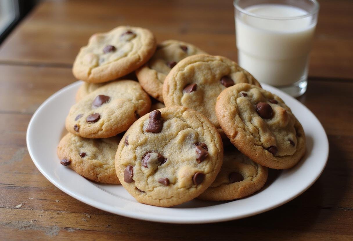 deliciously baked chick fil a chocolate chip cookies presented on a plate with a glass of milk, perfect for dessert.