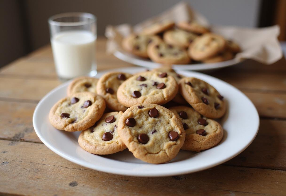 deliciously baked chick fil a chocolate chip cookies presented on a plate with a glass of milk, perfect for dessert.