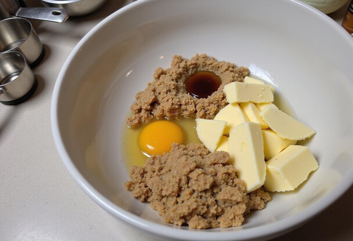 chick fil a chocolate chip cookie recipe ingredients preparation, including brown sugar, butter, eggs, and vanilla extract.