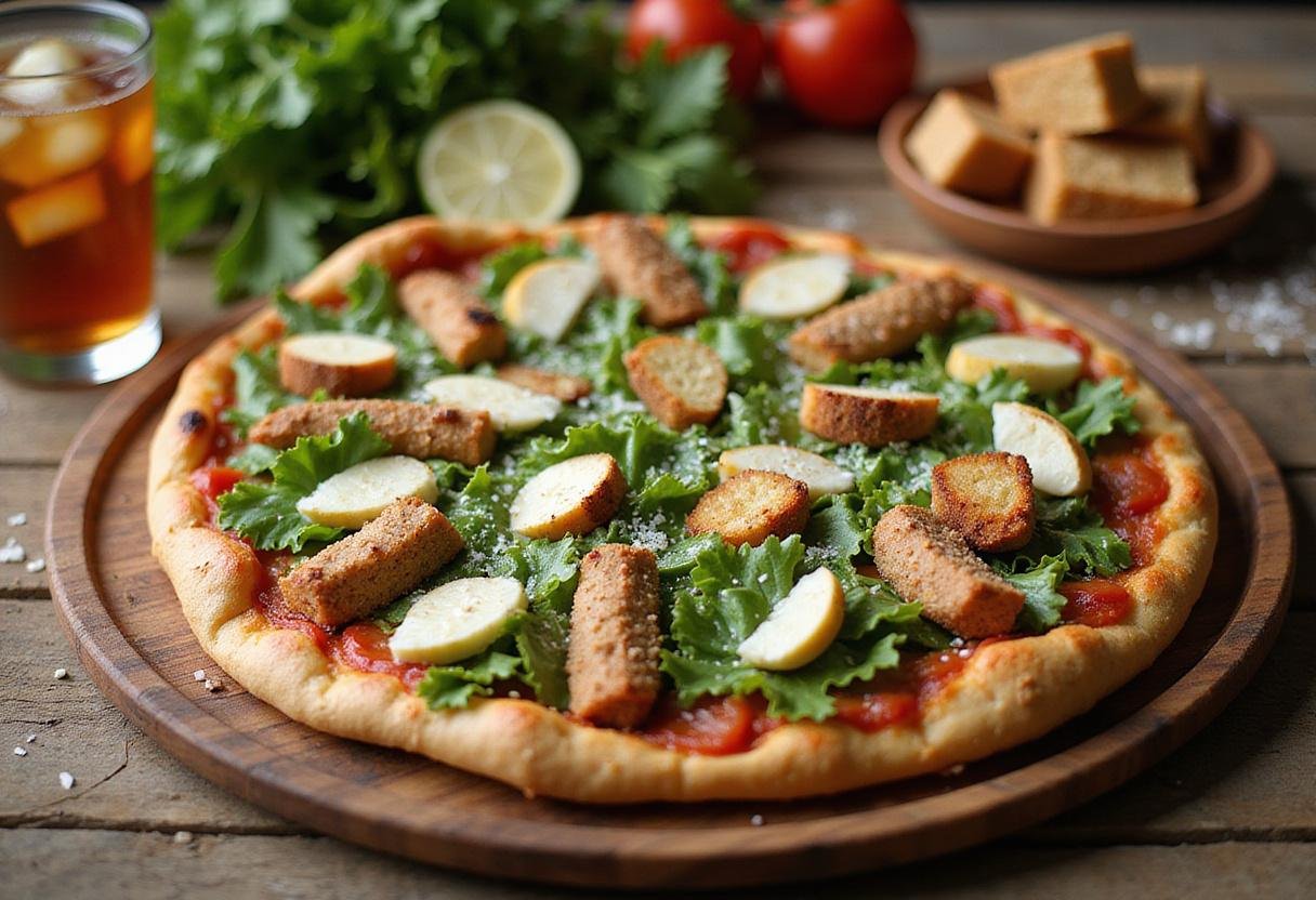 Delicious low carb chicken crust Caesar salad pizza served with fresh toppings in a beautiful presentation.