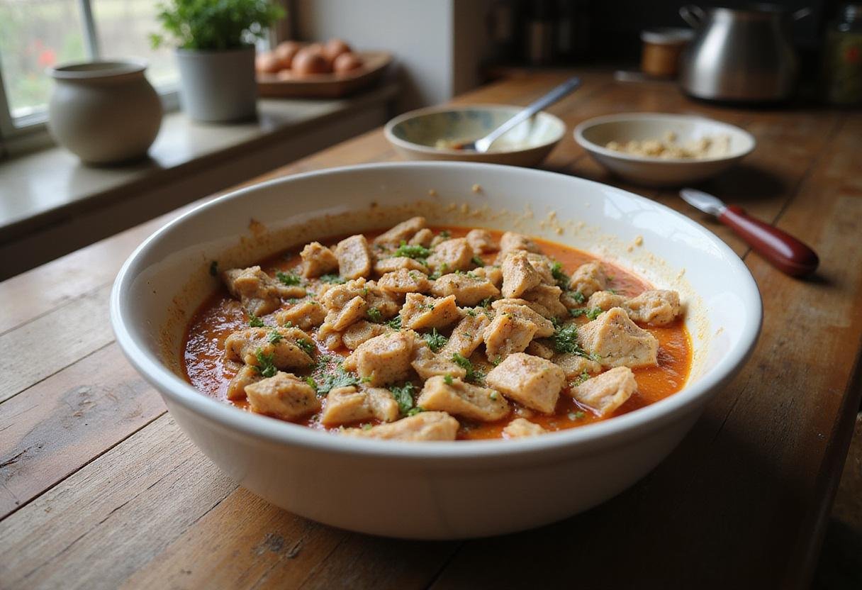 Making chicken crust for low carb chicken crust caesar salad pizza using shredded chicken and herbs.