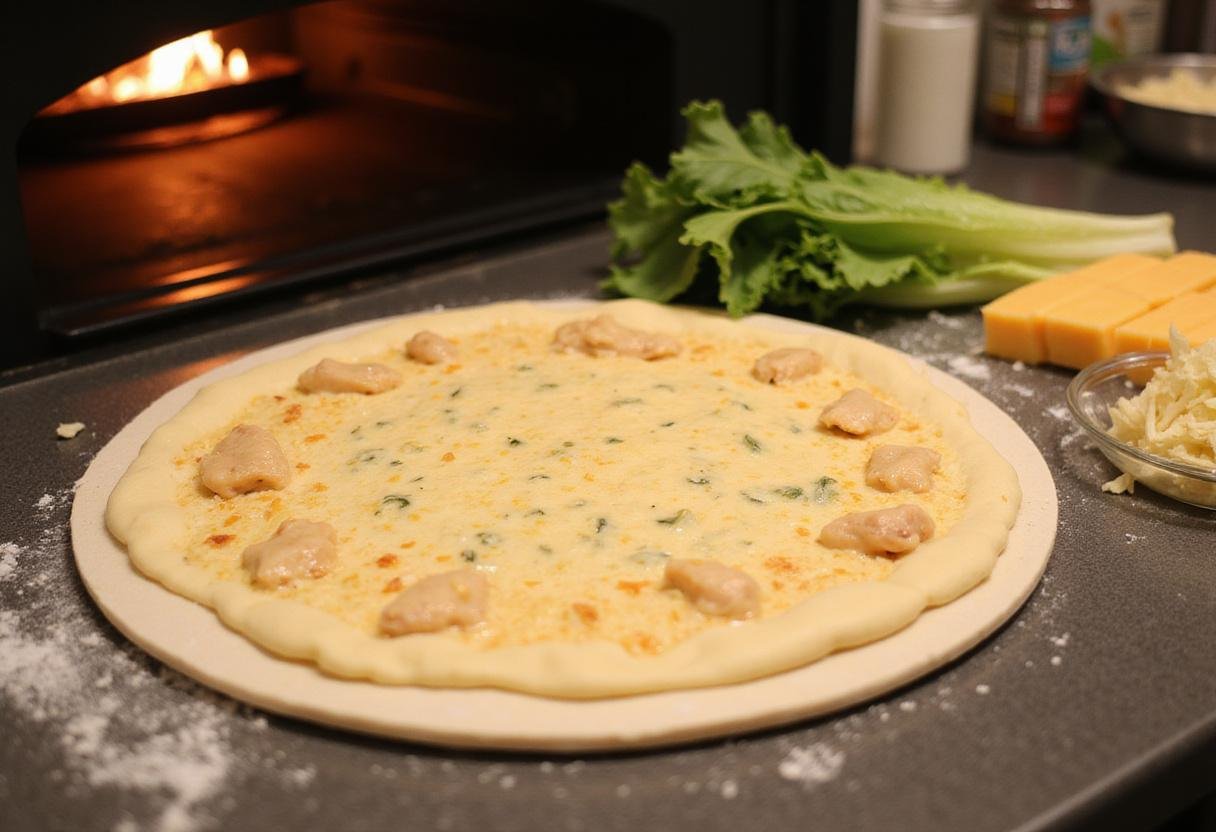 Preparing chicken crust pizza base for Caesar salad with a round pizza stone and fresh ingredients.