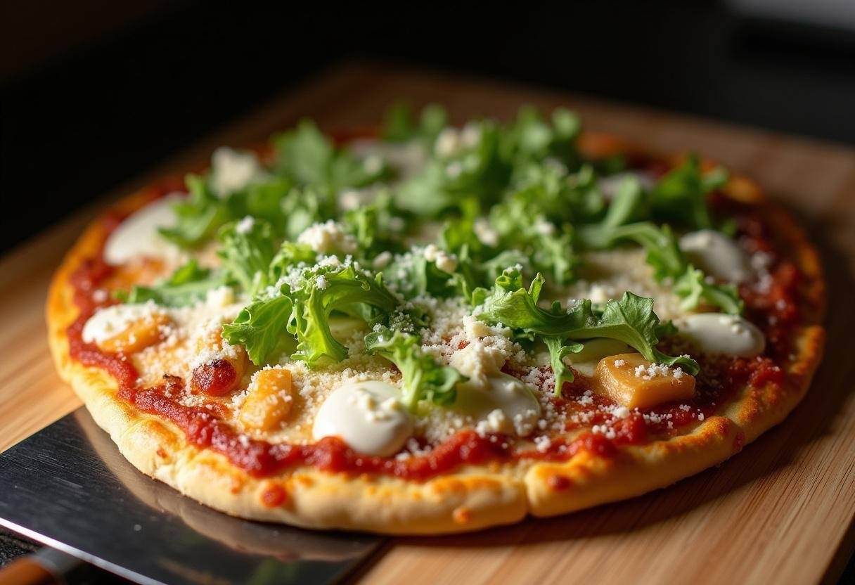 Final preparation of the chicken crust Caesar salad pizza with topping and fresh ingredients.