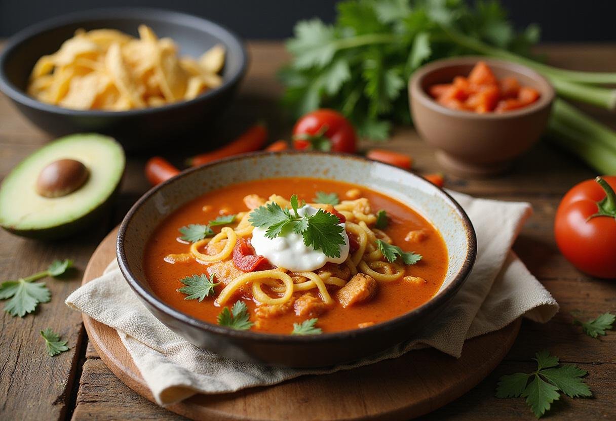 Final presentation of green enchilada chicken soup, showcasing an appetizing and hearty meal perfect for any occasion.