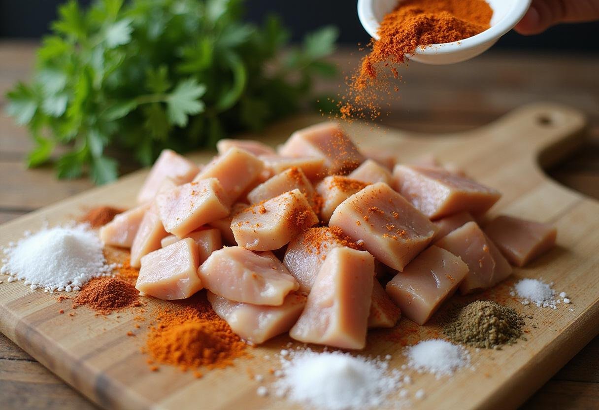 Seasoning chicken for Chili's chicken enchilada soup, showcasing spices and herbs for flavor.