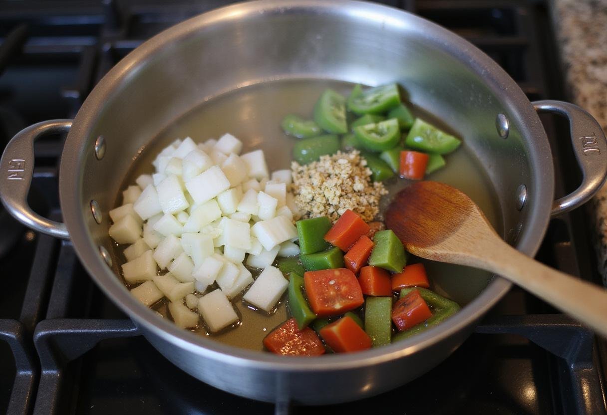 Sautéing vegetables for green enchilada chicken soup, capturing the vibrant colors and aromas of fresh ingredients.